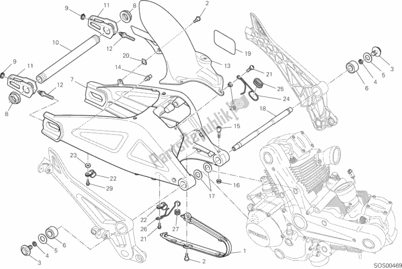 All parts for the Swing Arm of the Ducati Monster 696 ABS Anniversary 2013